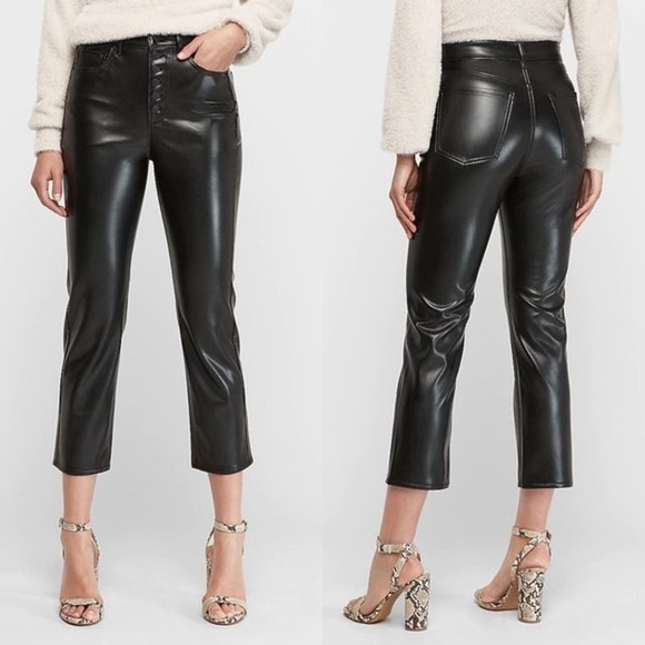 Express Vegan Leather Pants 12L LONG Faux Super High Rise Cropped Straight Black - Picture 1 of 12